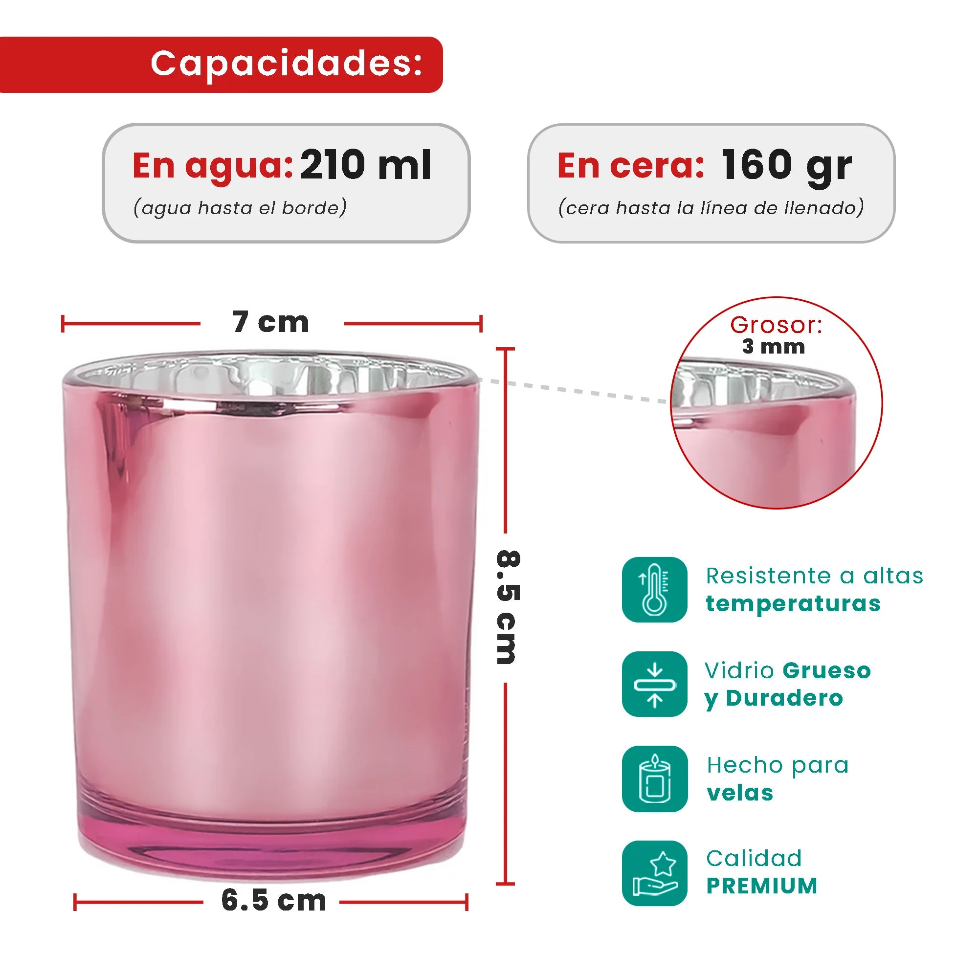 210ml - Mónaco Vaso de vidrio para velas - Frasco Rosa Metálico