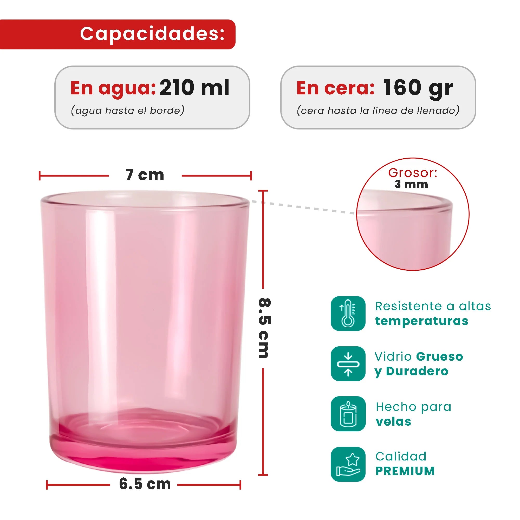 210ml - Mónaco Vaso de vidrio para velas - Frasco Rosa Fucsia Transparente