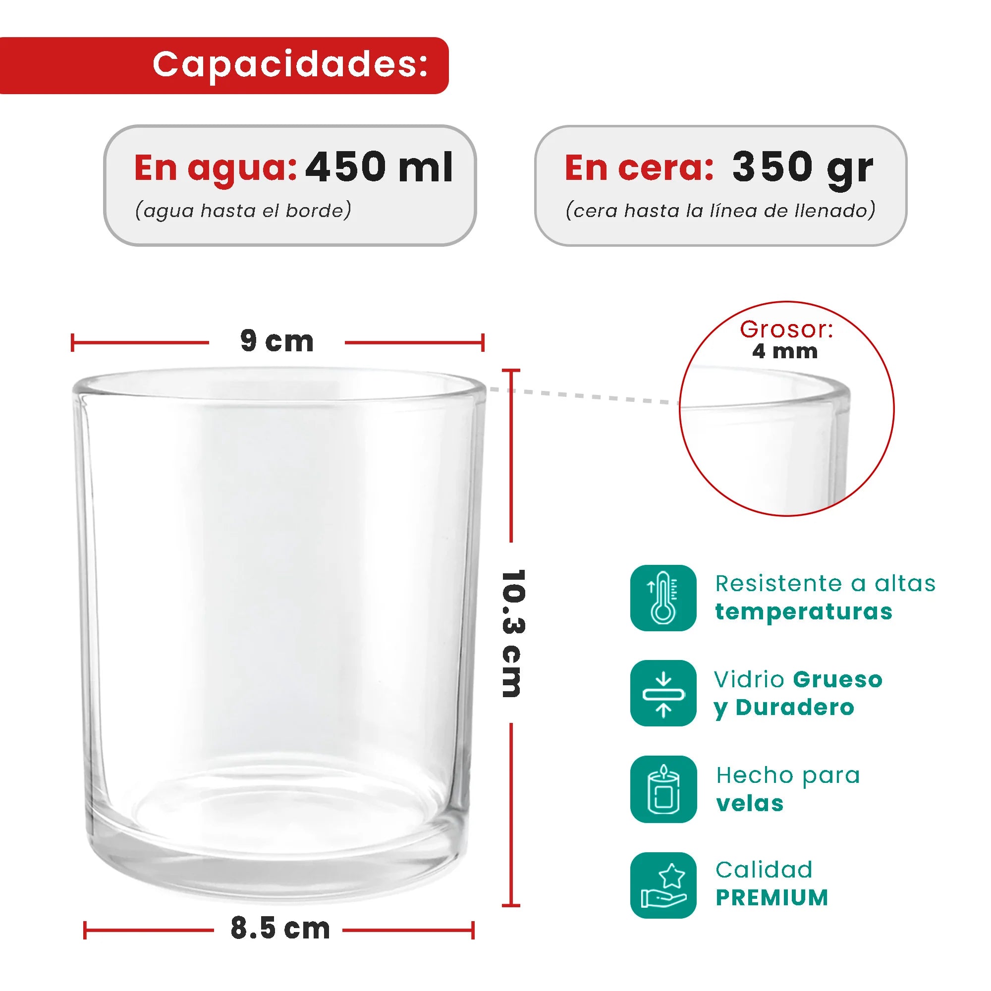 450ml - Mónaco Vaso de vidrio para velas - Frasco Cristal Transparente