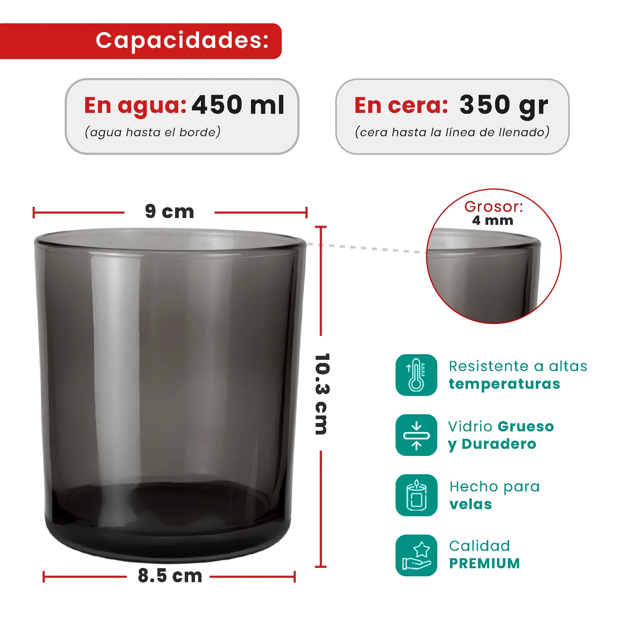 EOL - 450ml - Mónaco Vaso de vidrio para velas - Frasco Gris Transparente