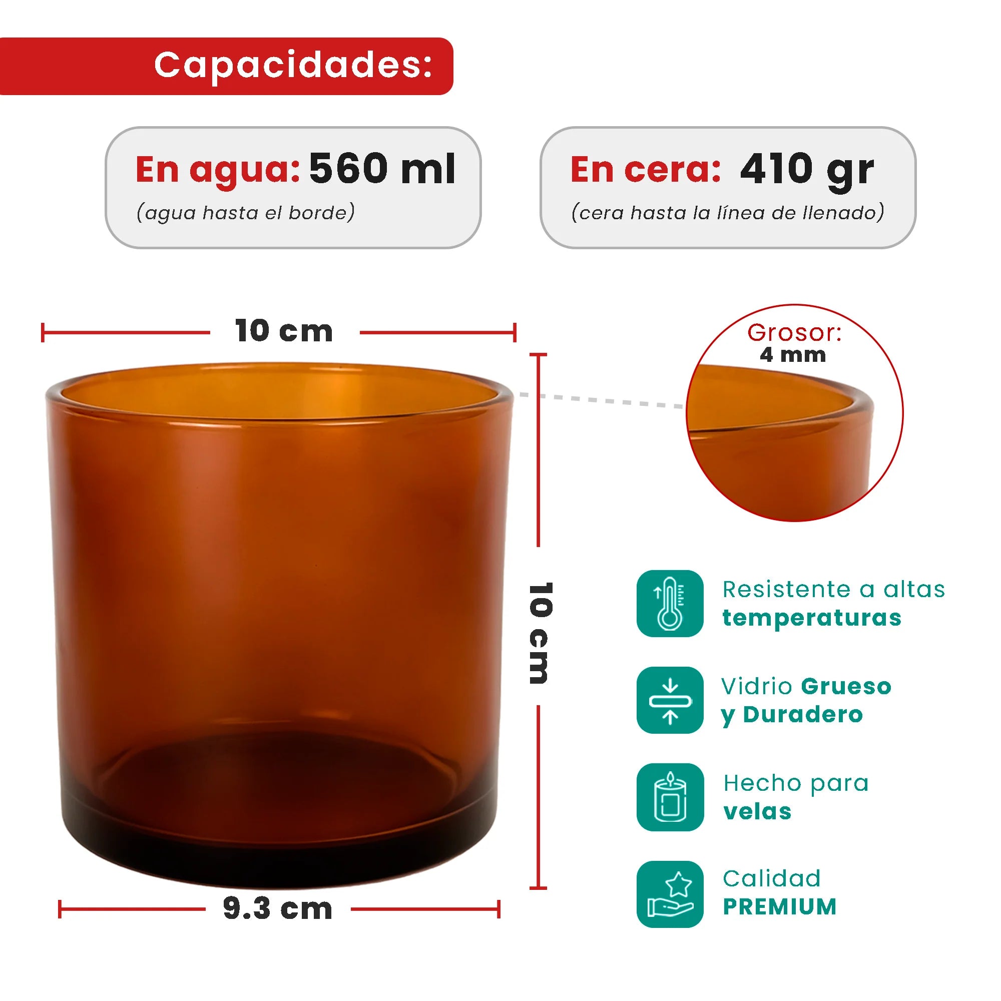 560ml - Mónaco Vaso de vidrio para velas - Frasco Ámbar Oscuro Transparente