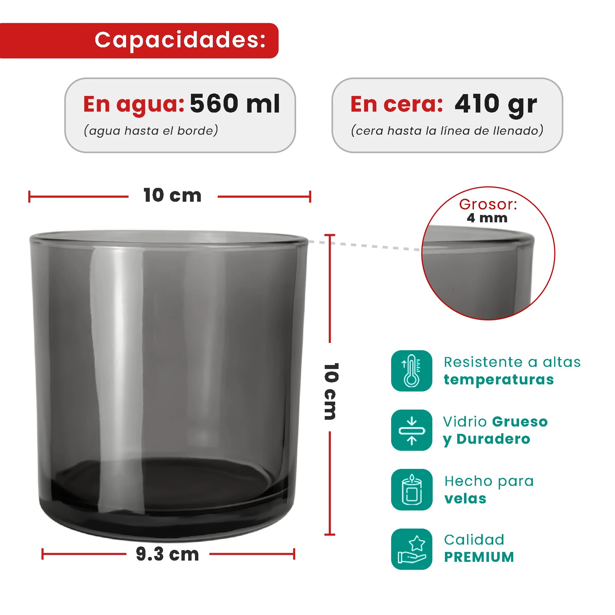 560ml - Mónaco Vaso de vidrio para velas - Frasco Gris Transparente