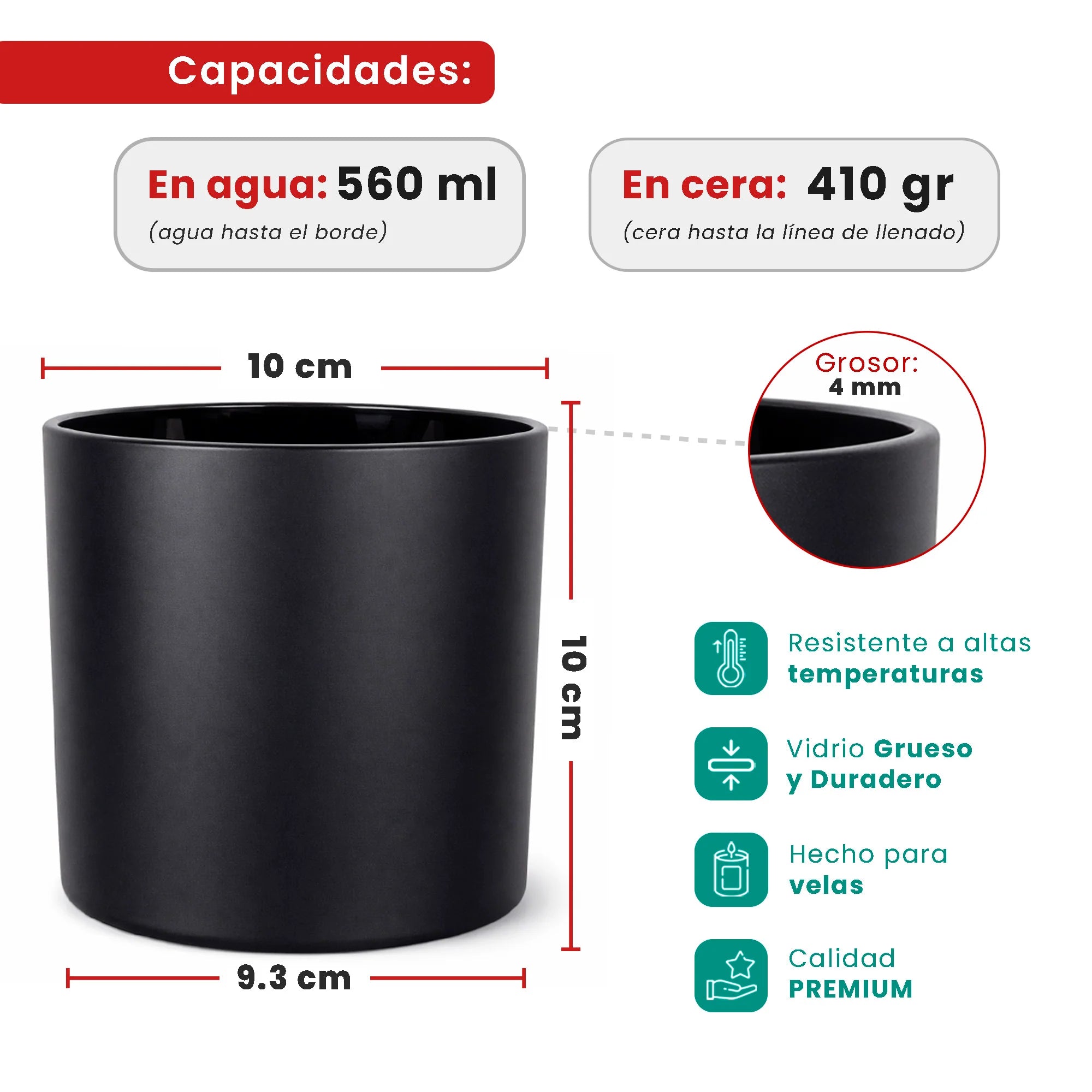 560ml - Mónaco Vaso de vidrio para velas - Frasco Negro Mate