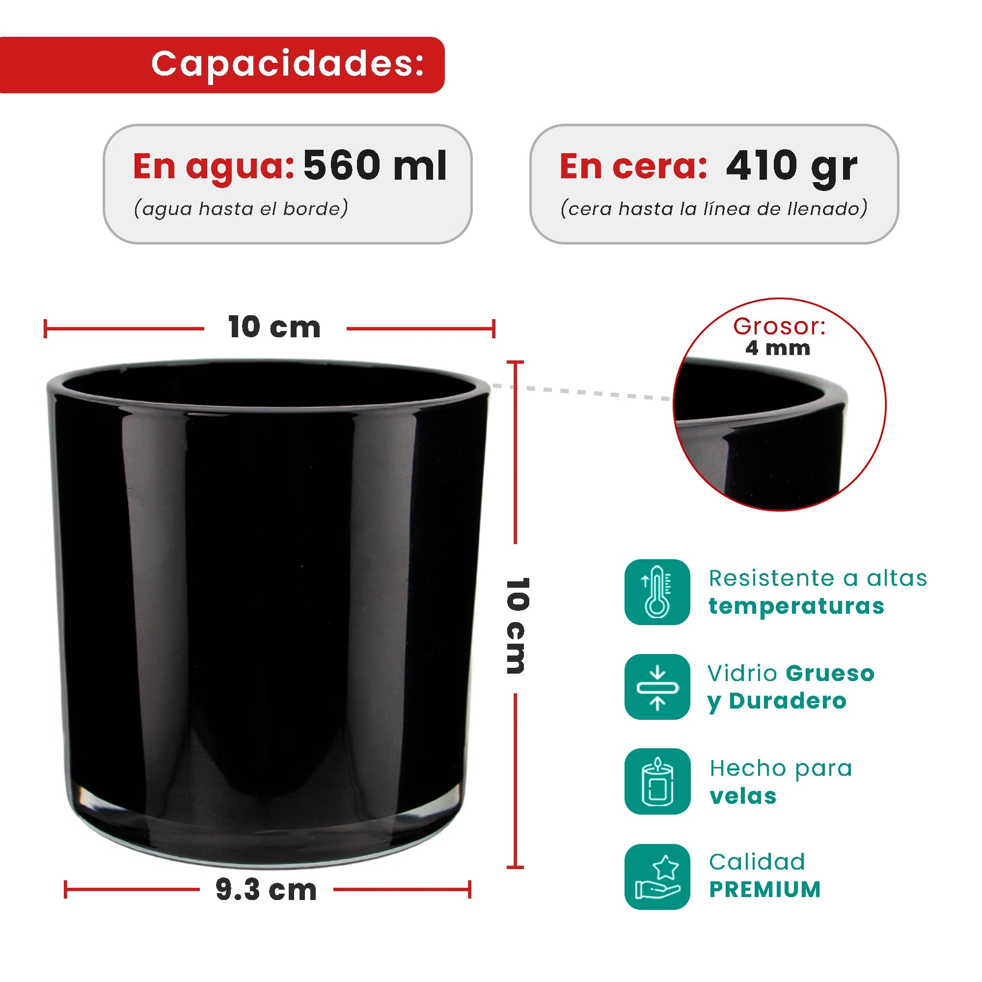 560ml - Mónaco Vaso de vidrio para velas - Frasco Negro Brillante