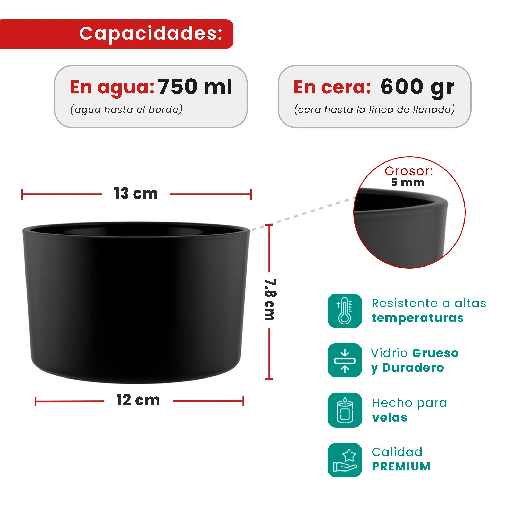 750ml - Mónaco Vaso de vidrio para velas -  Frasco Negro Mate