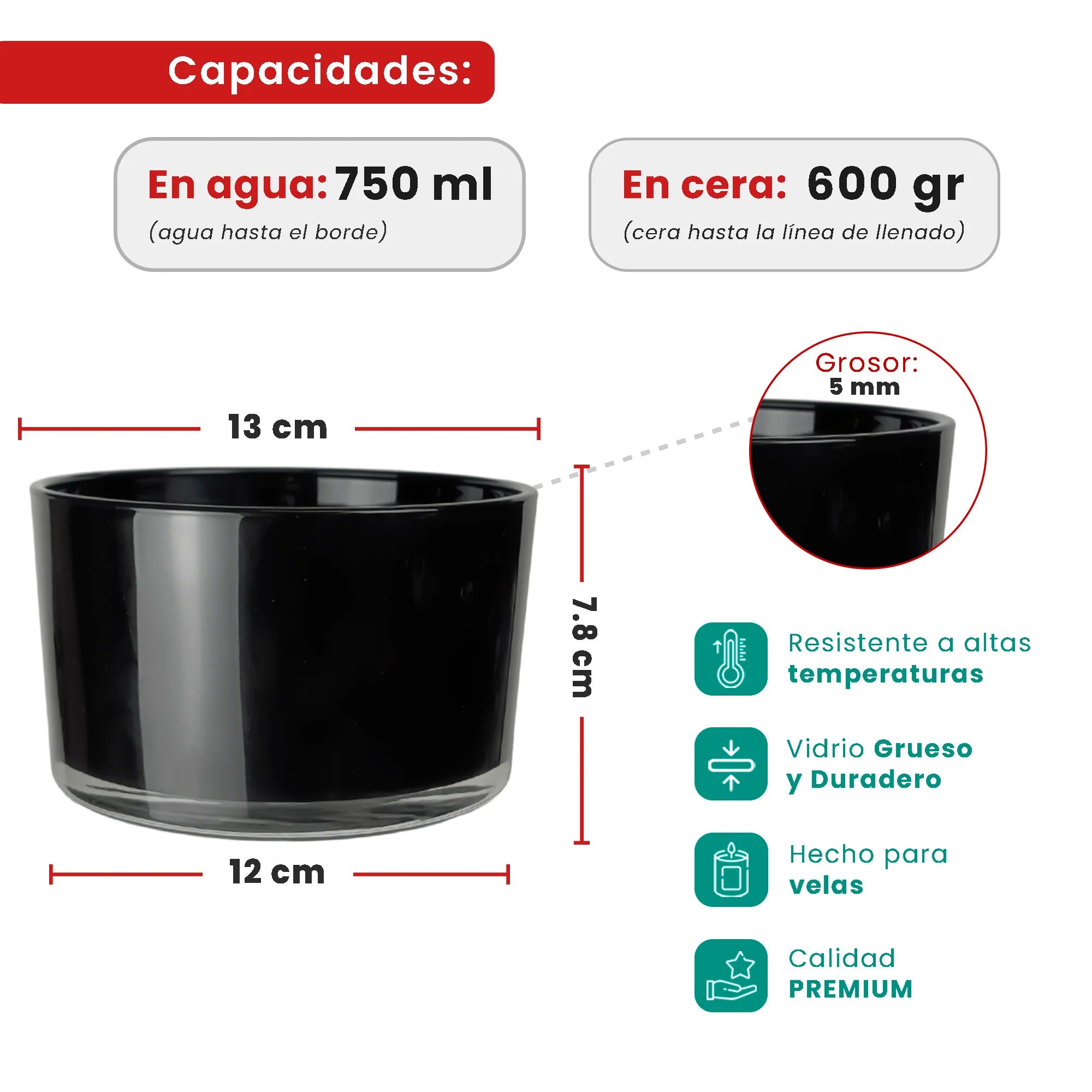 750ml - Mónaco Vaso de vidrio para velas -  Frasco Negro Brillante