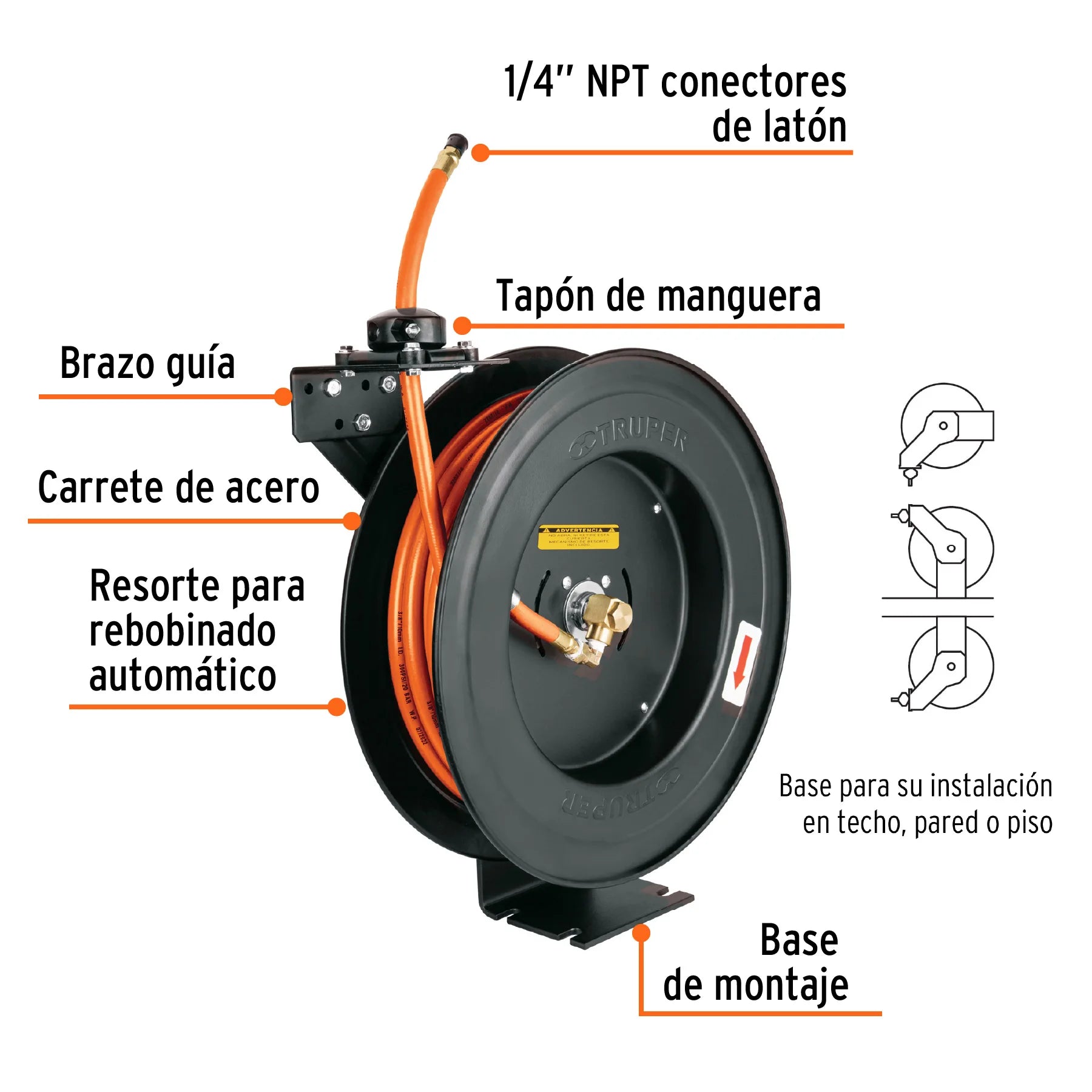 Manguera para compresor,de hule,15m x 3/8',carrete retráctil