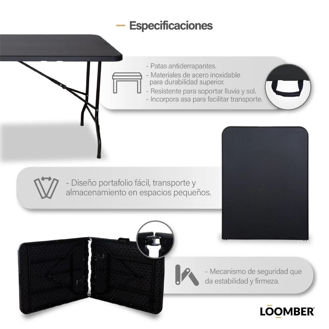Mesa Plegable Negra 180 Siena para fiestas, eventos y reuniones