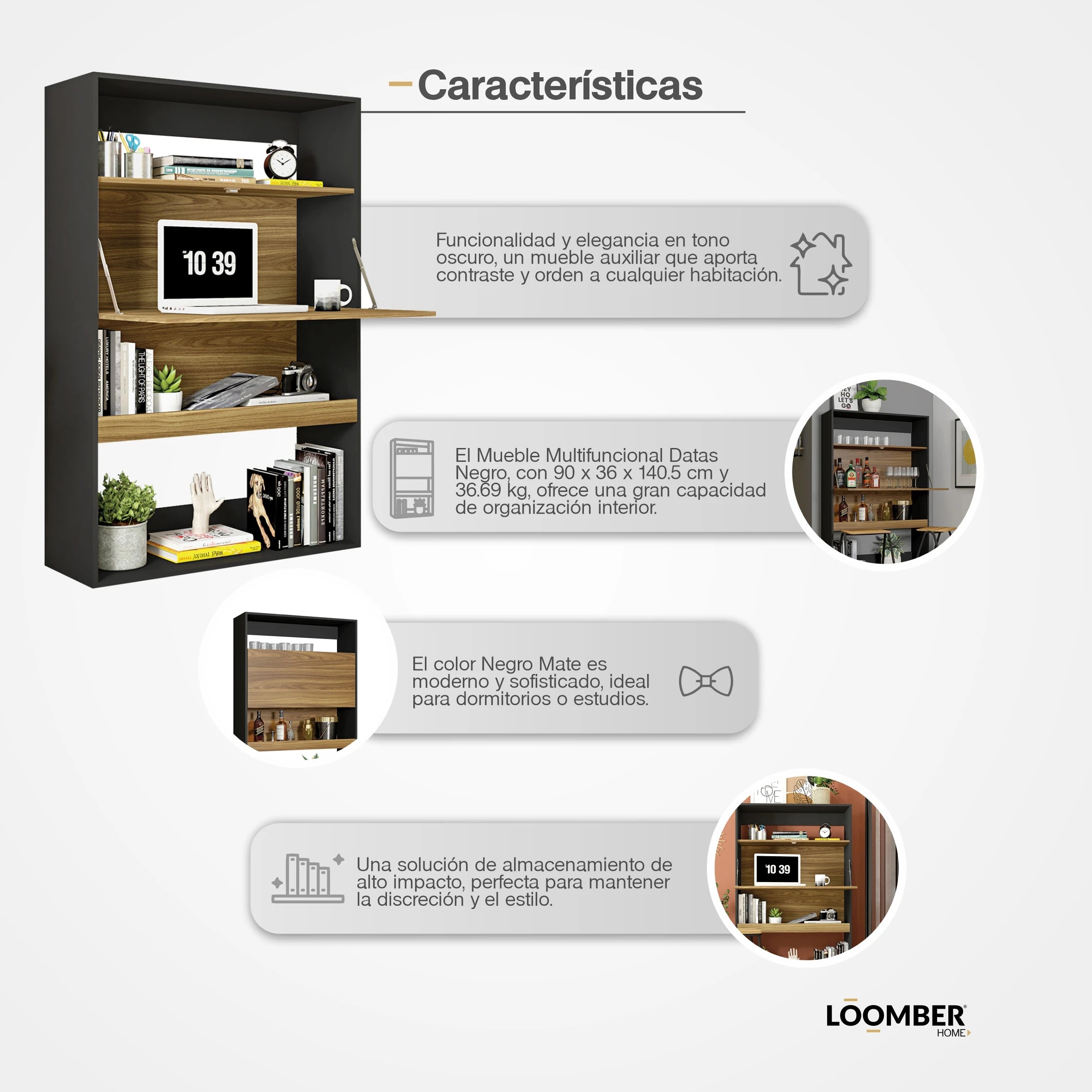 Mueble Multifuncional Datas Negro Con Café Loomber