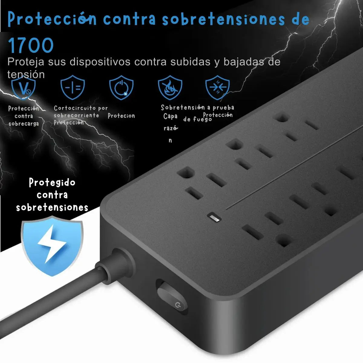 Multicontacto con 8 Salidas AC, 3 USB-A y 1 USB-C