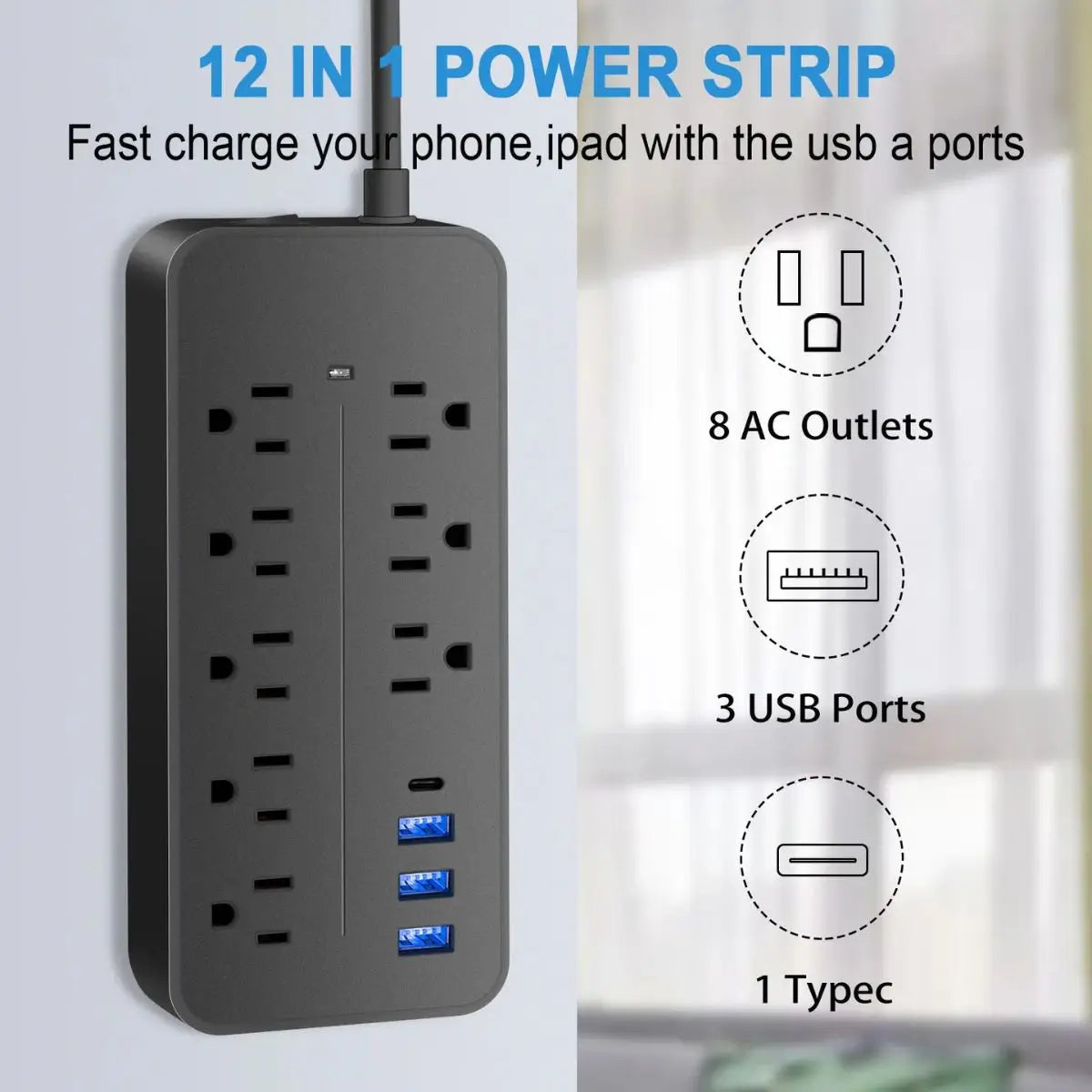 Multicontacto con 8 Salidas AC, 3 USB-A y 1 USB-C