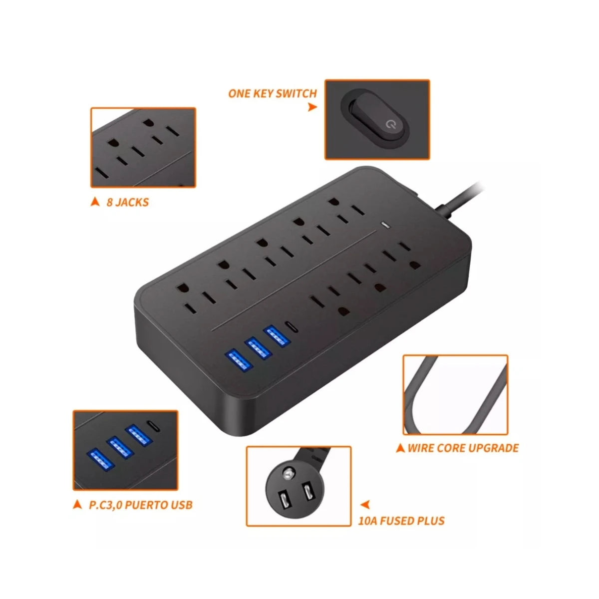 Multicontacto con 8 Salidas AC, 3 USB-A y 1 USB-C
