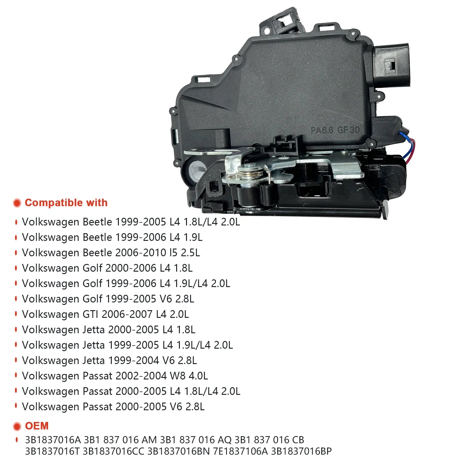 NITOYO Actuador de pestillo de cerradura de puerta para Volkswagen Beetle Golf GTI Jetta Passat 3B 1837015 A