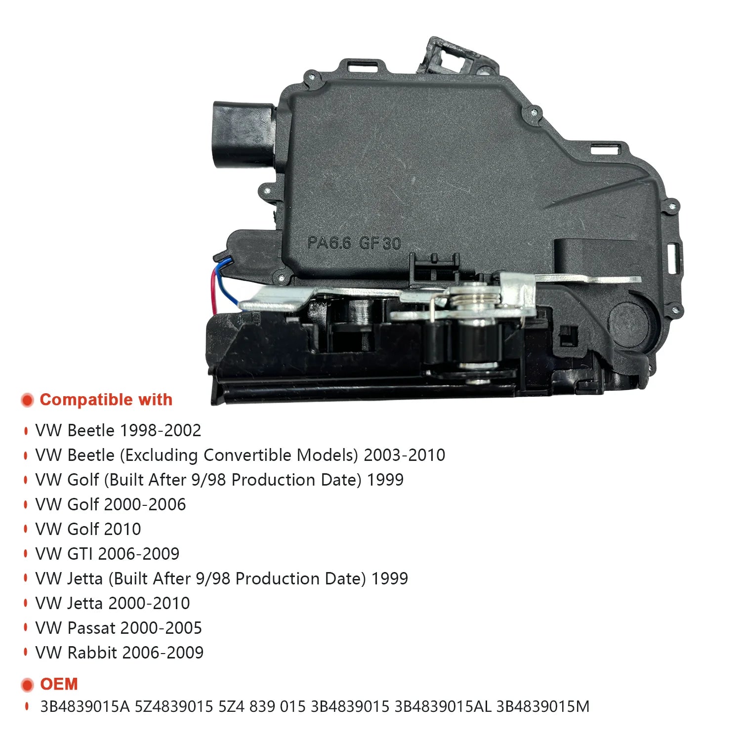 NITOYO Actuador de pestillo de cerradura de puerta para Volkswagen Beetle Golf GTI Jetta Passat 3B 1837015 A