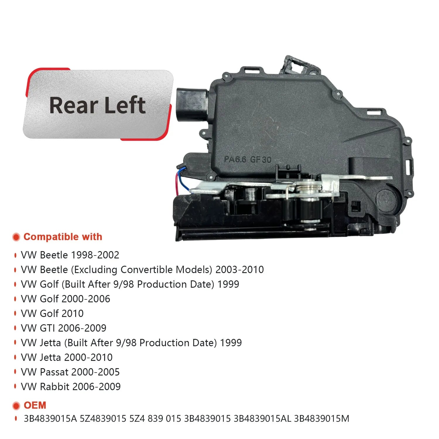 NITOYO Actuador de pestillo de cerradura de puerta para Volkswagen Beetle Golf GTI Jetta Passat 3B 1837015 A