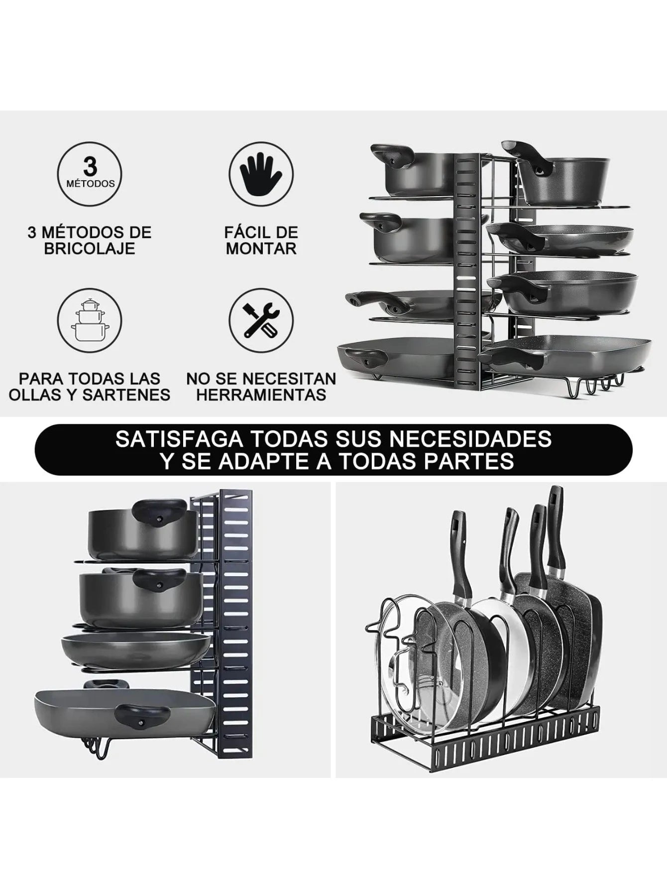Organizador de sartenes y tapas para gabinete
