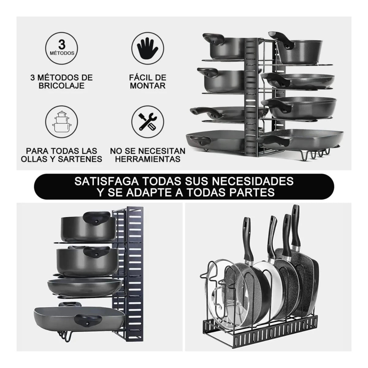 Organizador de sartenes y tapas para gabinete