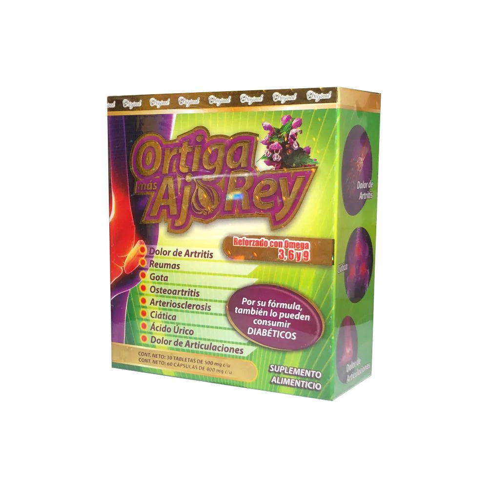 TABLETAS ORTIGA  (MAS) + AJO REY C/30 Y C/60  VERDE OMEGA NUTRITION