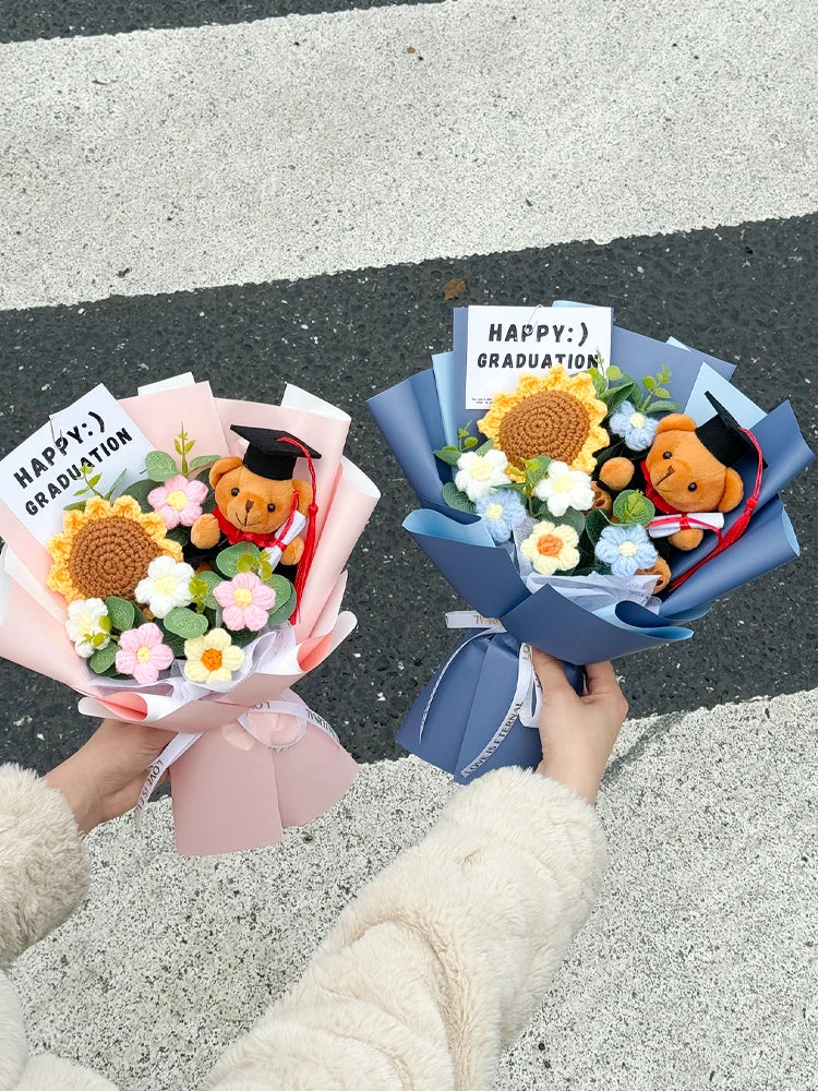 Oso de Peluche Tejido a Mano con Girasoles Artificis, Ramo Creativo para aduación, Regalo Sorpresa para Niños y Adultos ...