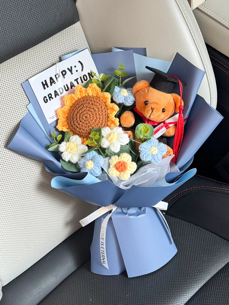 Oso de Peluche Tejido a Mano con Girasoles Artificis, Ramo Creativo para aduación, Regalo Sorpresa para Niños y Adultos ...