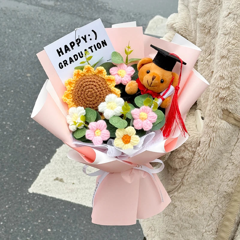 Oso de Peluche Tejido a Mano con Girasoles Artificis, Ramo Creativo para aduación, Regalo Sorpresa para Niños y Adultos ...