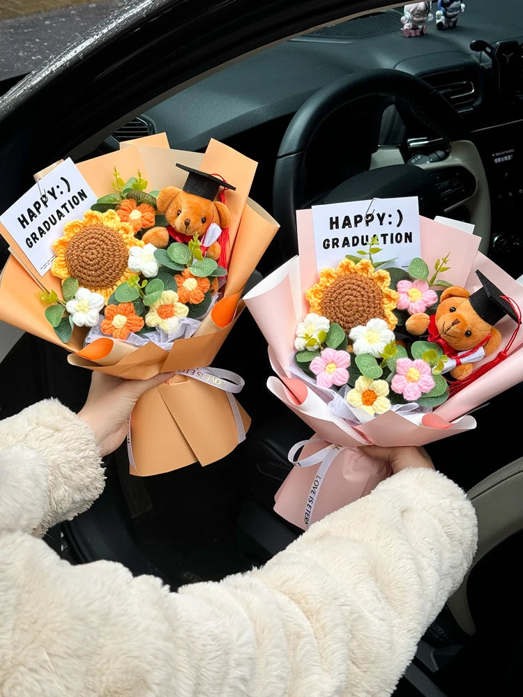Oso de Peluche Tejido a Mano con Girasoles Artificis, Ramo Creativo para aduación, Regalo Sorpresa para Niños y Adultos ...