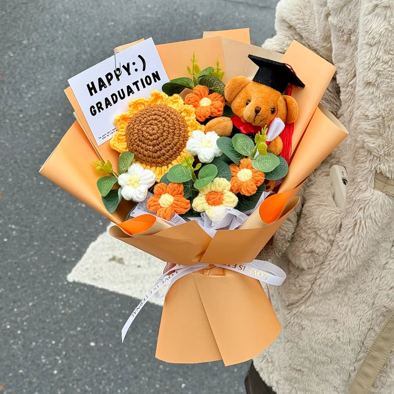 Oso de Peluche Tejido a Mano con Girasoles Artificis, Ramo Creativo para aduación, Regalo Sorpresa para Niños y Adultos ...