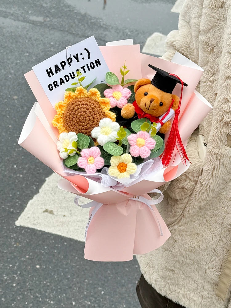 Oso de Peluche Tejido a Mano con Girasoles Artificis, Ramo Creativo para aduación, Regalo Sorpresa para Niños y Adultos ...