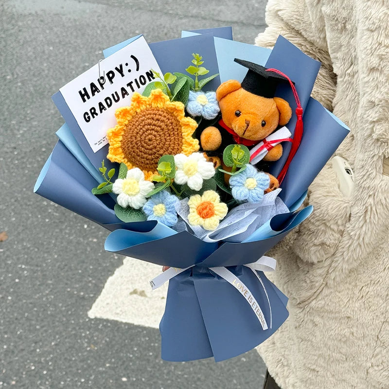 Oso de Peluche Tejido a Mano con Girasoles Artificis, Ramo Creativo para aduación, Regalo Sorpresa para Niños y Adultos ...