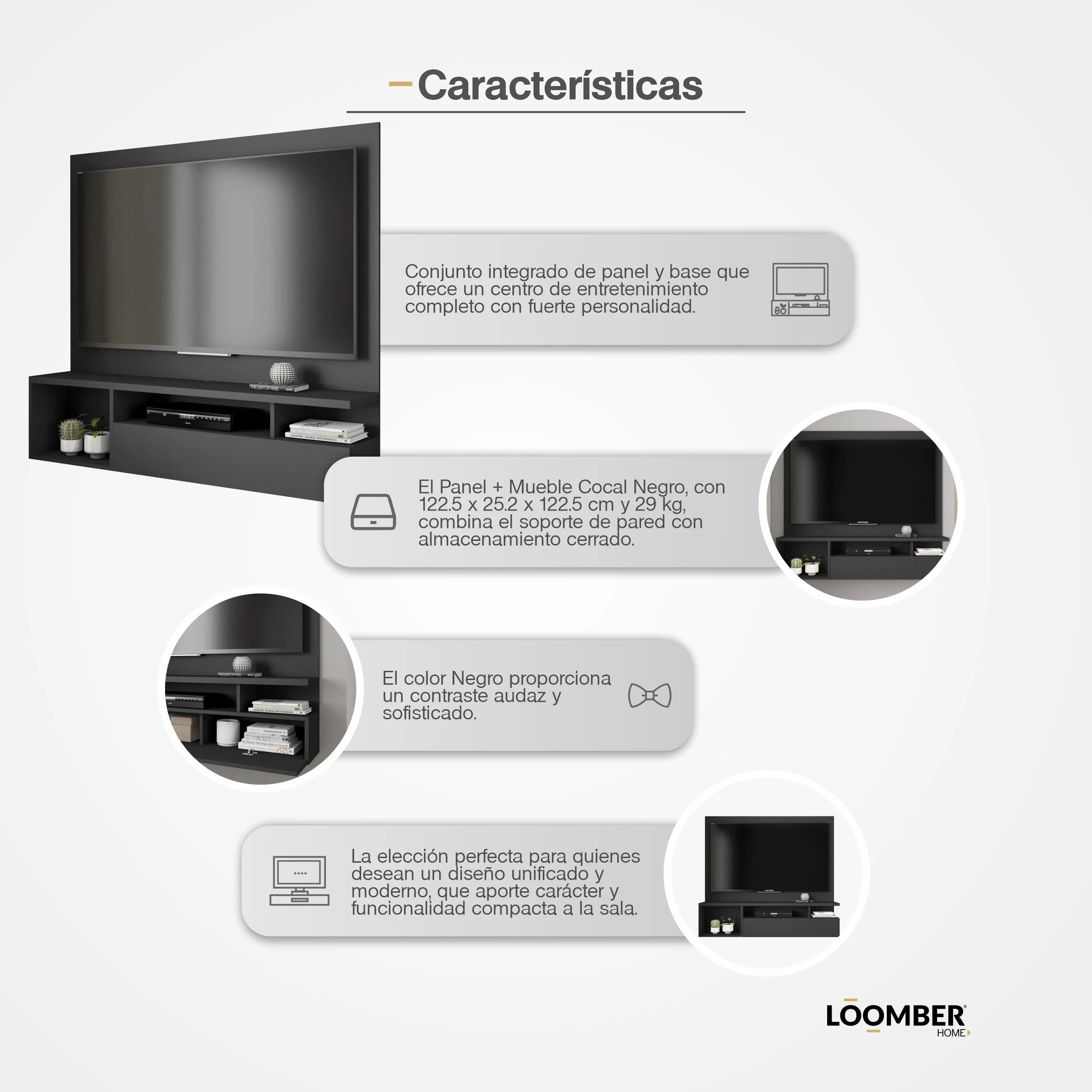 Panel Con Mueble Para TV Cocal Negro Loomber