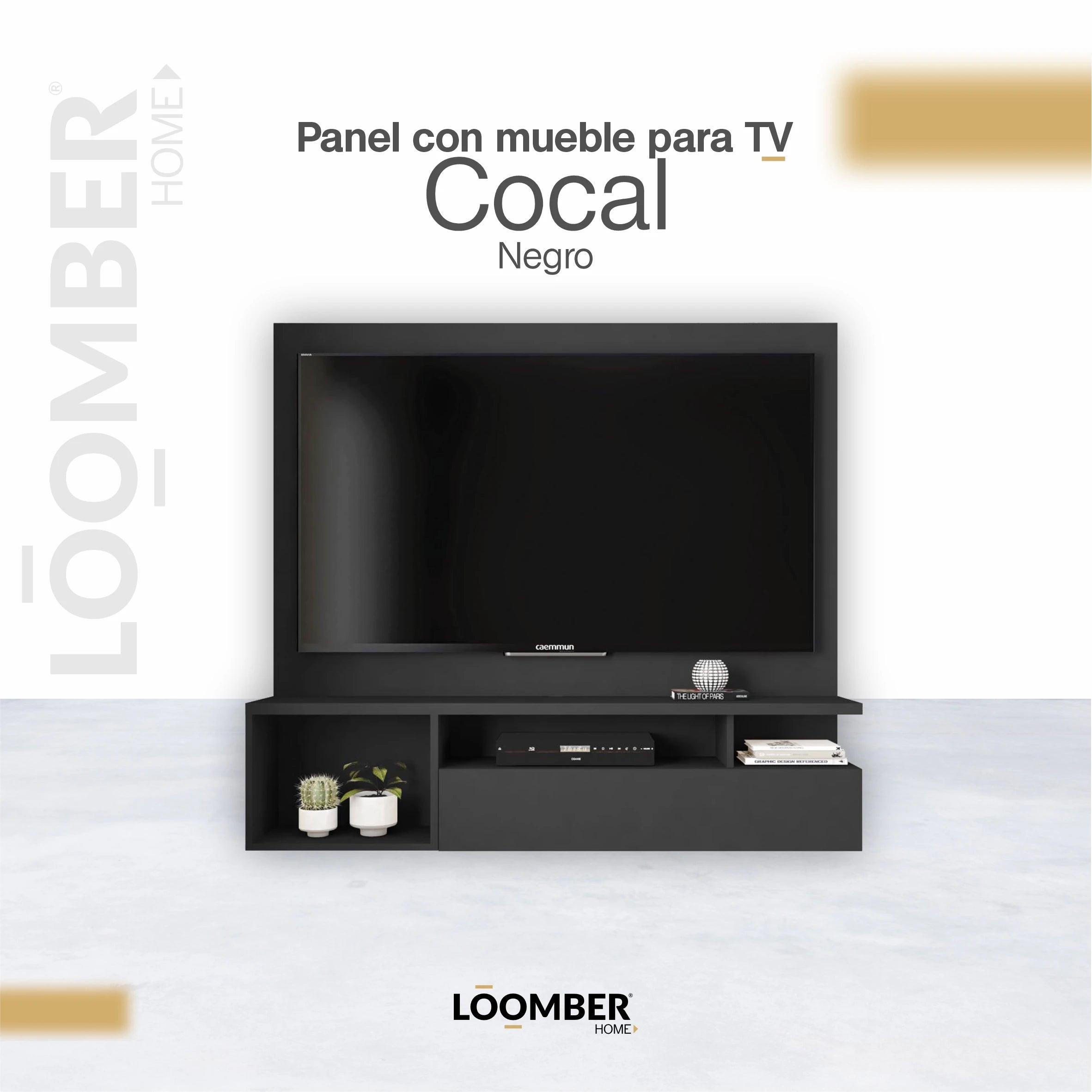 Panel Con Mueble Para TV Cocal Negro Loomber
