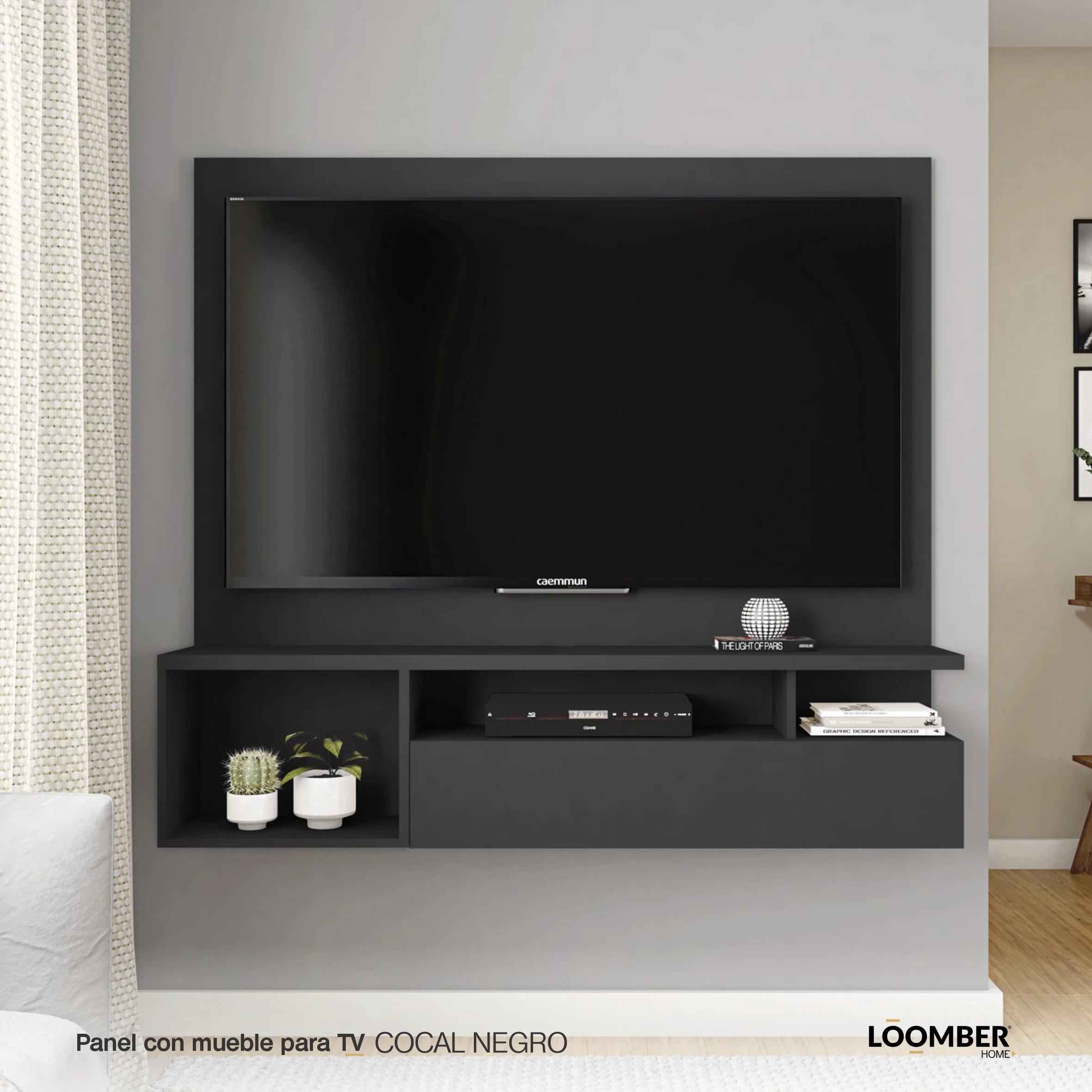 Panel Con Mueble Para TV Cocal Negro Loomber