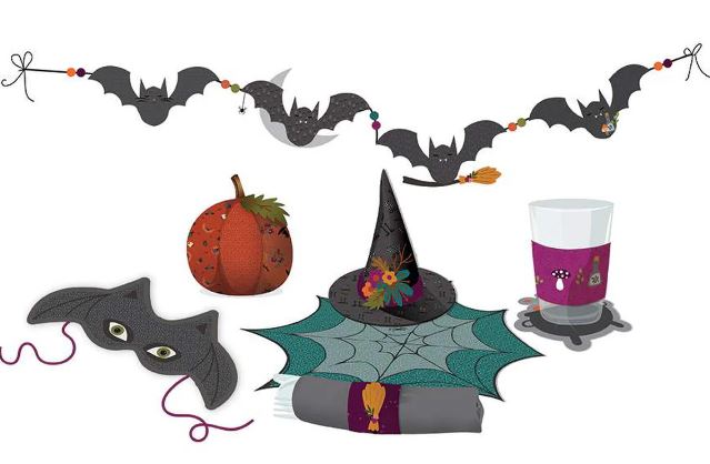 Panel de fieltro para Fiesta de Halloween La Pequeña Bruja 91 x 175 cm Incluye sombreros de bruja, posavasos, guirnalda de murciélagos, antifaces y más!