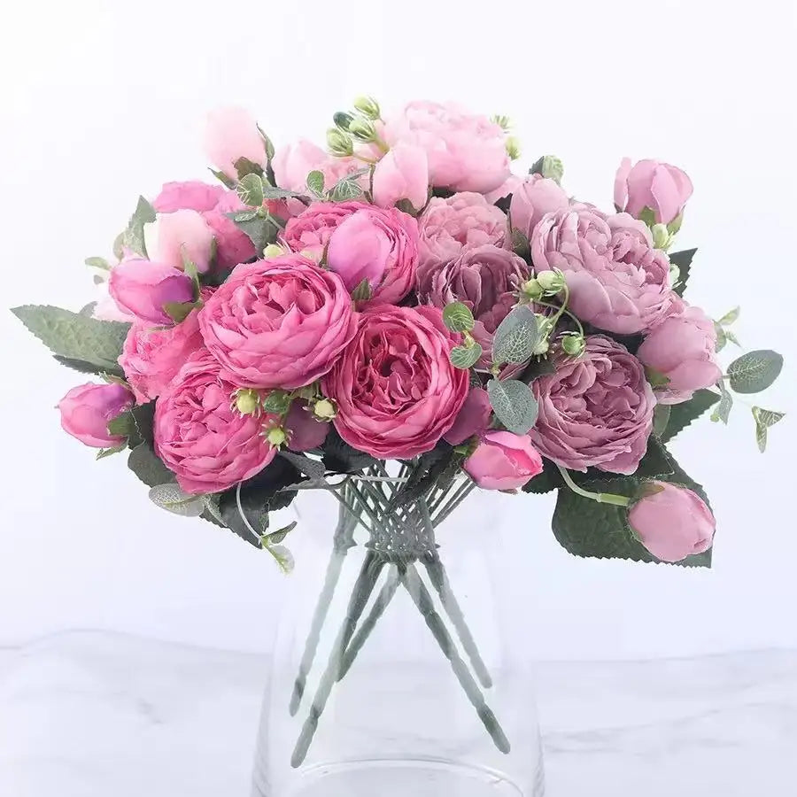 Ramo de flores artificiales de peonía de seda rosa de 30cm, 5 cabezas grandes