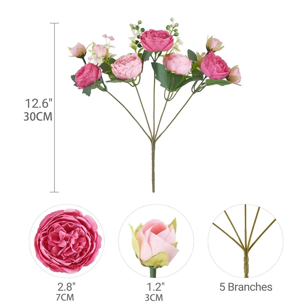 Ramo de flores artificiales de peonía de seda rosa de 30cm, 5 cabezas grandes