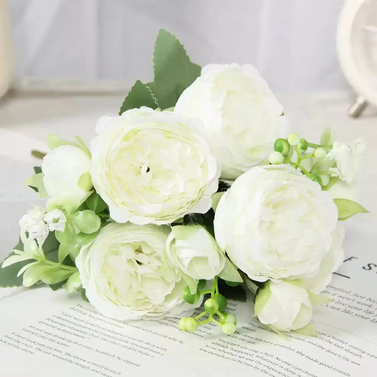Ramo de flores artificiales de peonía de seda rosa de 30cm, 5 cabezas grandes
