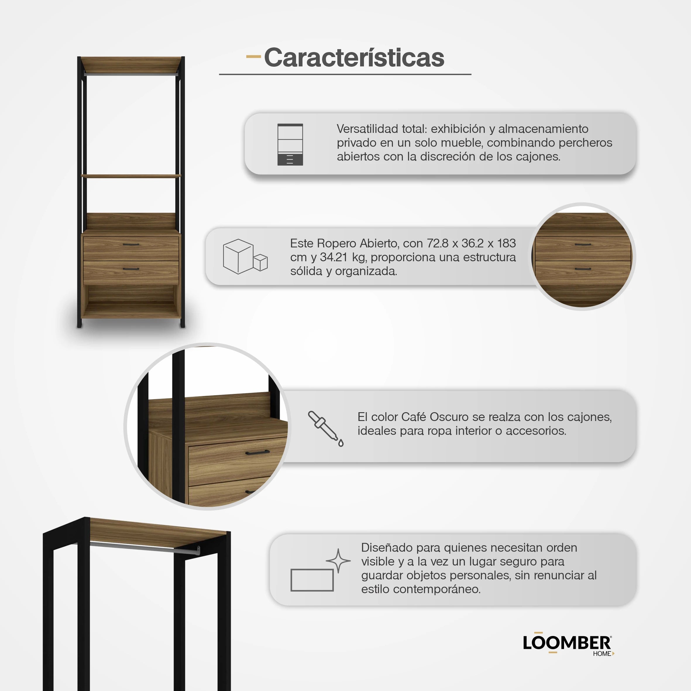 Ropero Abierto con cajones Diadema Café Loomber