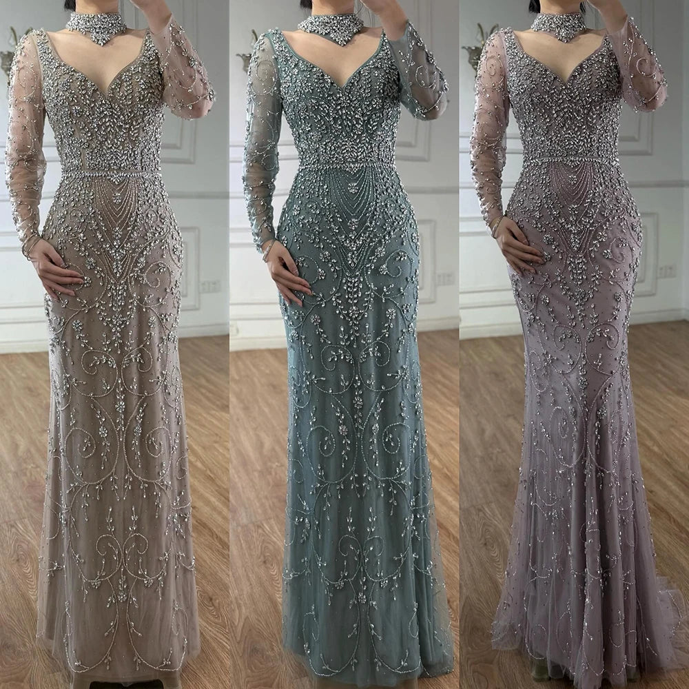 vestido de noche de sirena de cristal con cuentas de caramelo,