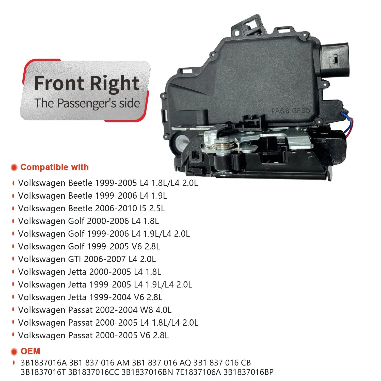 NITOYO Actuador de pestillo de cerradura de puerta para Volkswagen Beetle Golf GTI Jetta Passat 3B 1837015 A