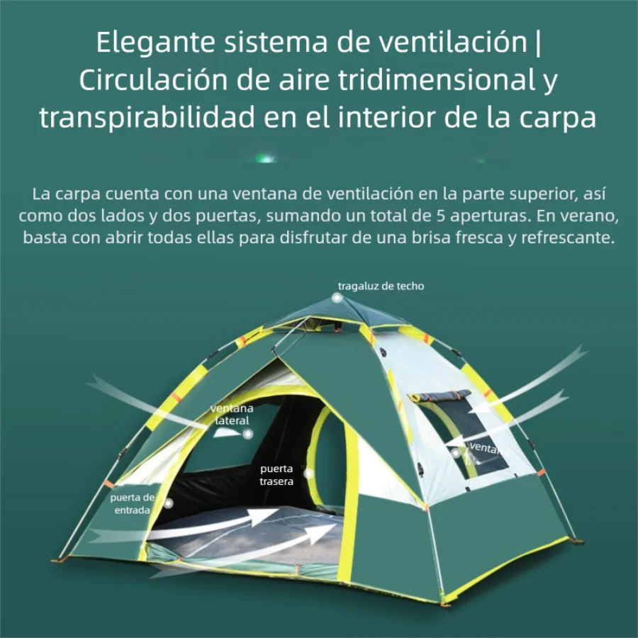 Tienda impermeable con 2 puertas y 2 ventanas, portátil para camping