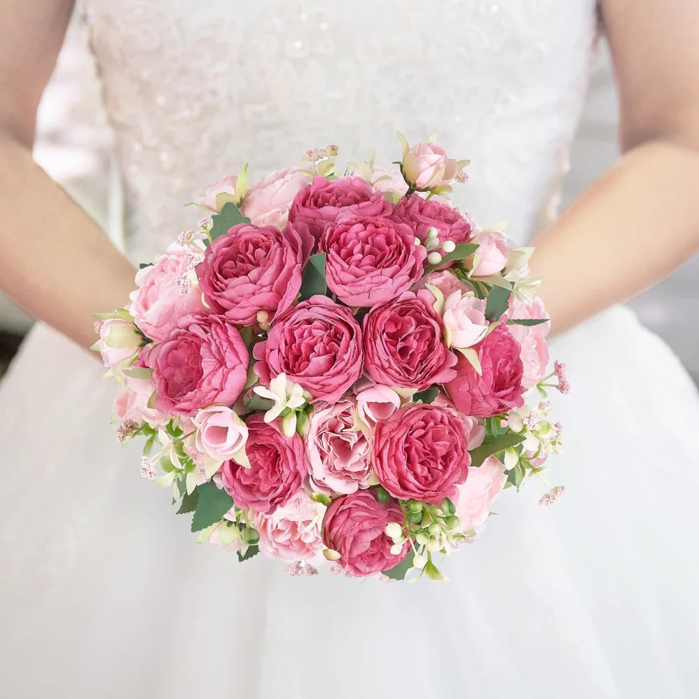 Ramo de flores artificiales de peonía de seda rosa de 30cm, 5 cabezas grandes
