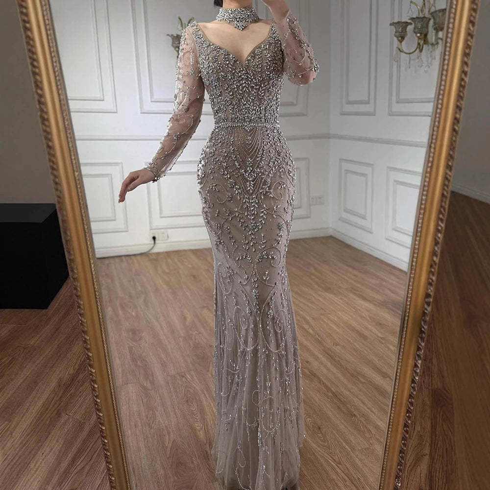 vestido de noche de sirena de cristal con cuentas de caramelo,