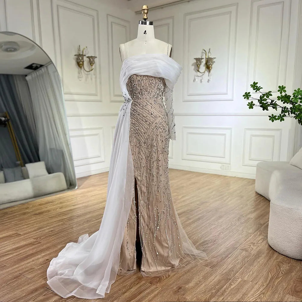 vestidos de noche de un hombro, sirena azul, perlas