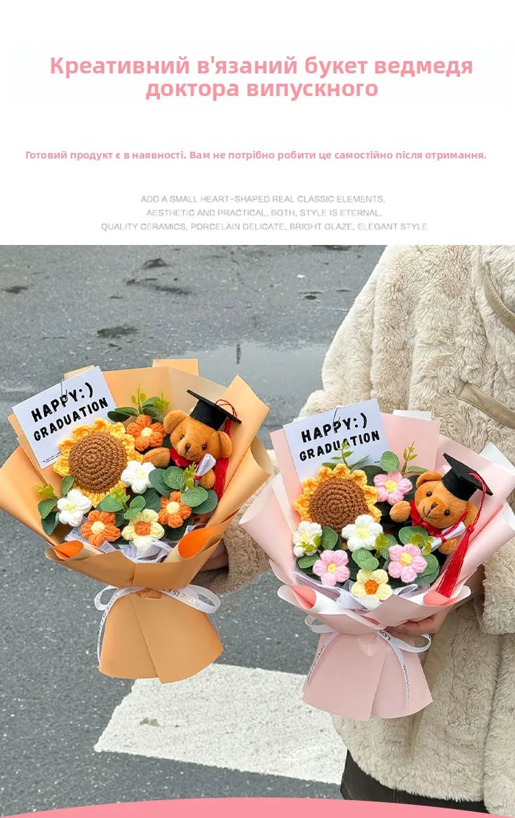 Oso de Peluche Tejido a Mano con Girasoles Artificis, Ramo Creativo para aduación, Regalo Sorpresa para Niños y Adultos ...