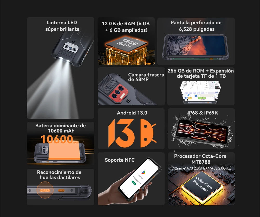 Smartphone resistente al agua IP68 Android 13, , 12 GB de RAM (6 + 6 GB), 256 GB