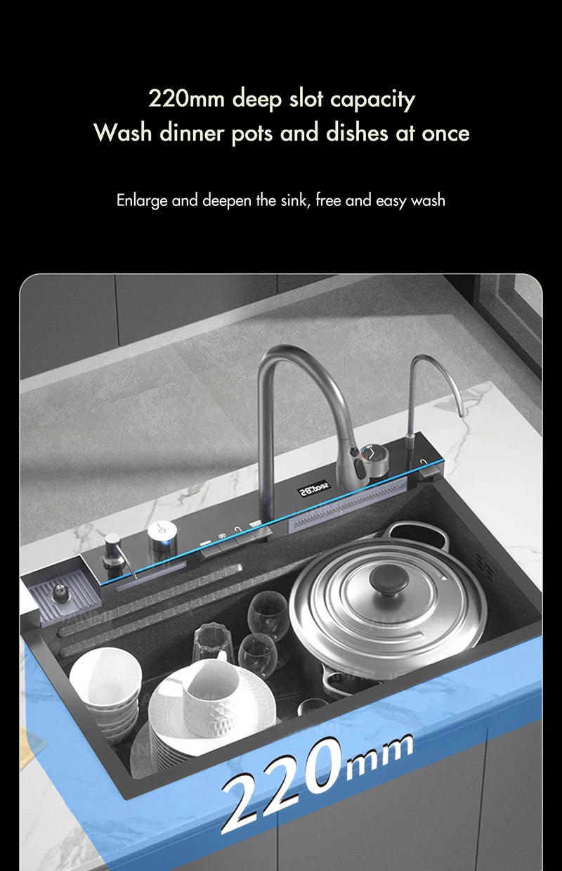Fregadero de cocina de cascada de acero inoxidable