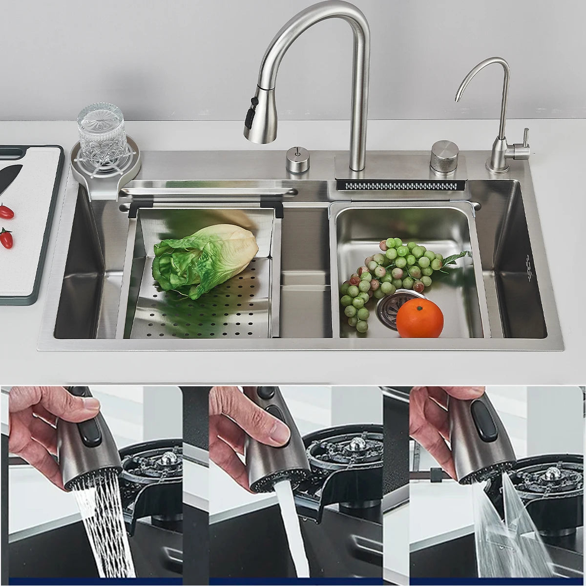 Fregadero de cocina de cascada de acero inoxidable