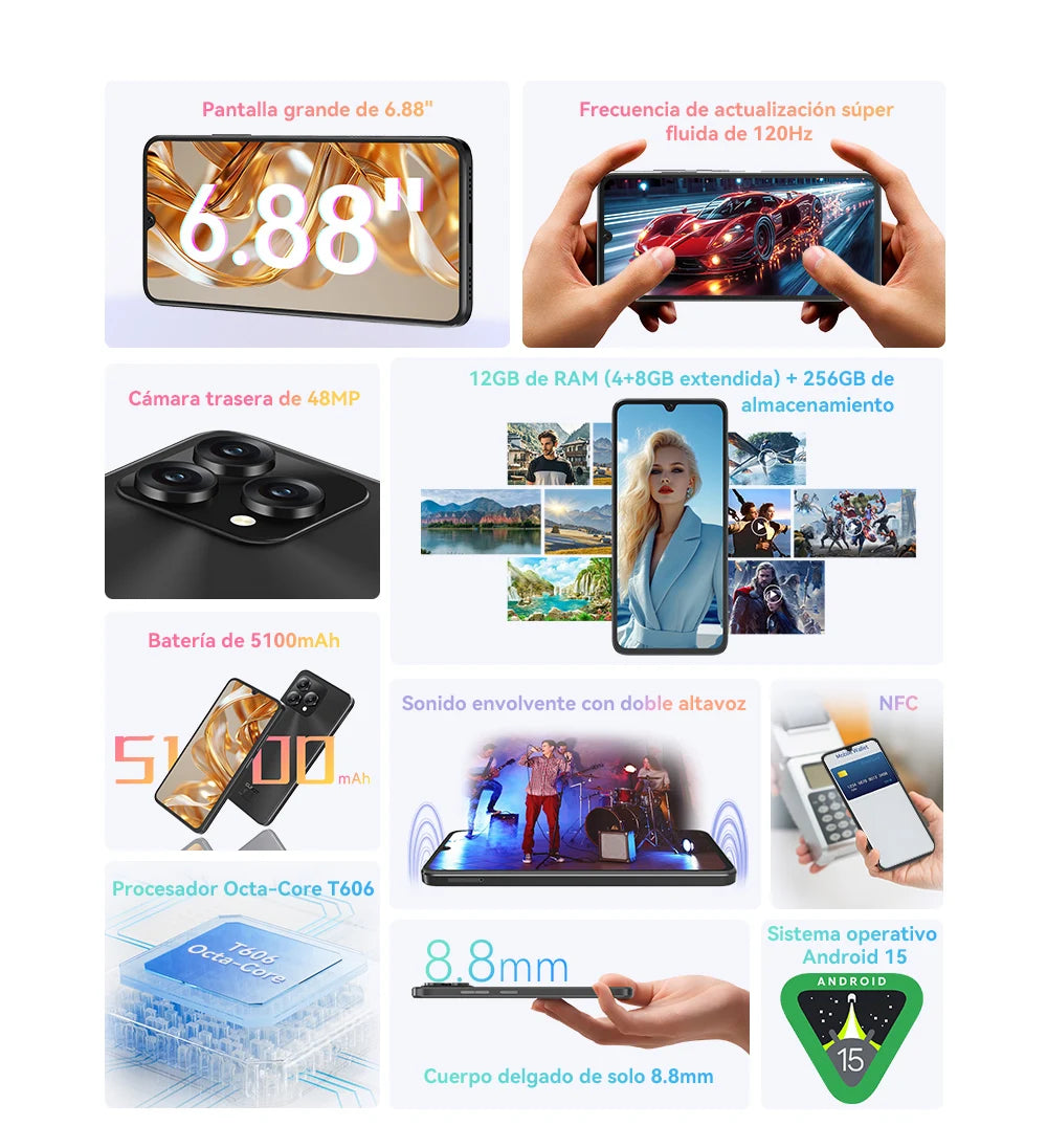 Smartphone Android 15, Cubot A40, 12 GB de RAM