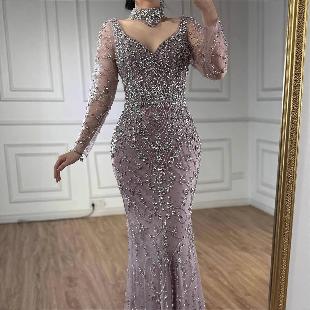 vestido de noche de sirena de cristal con cuentas de caramelo,