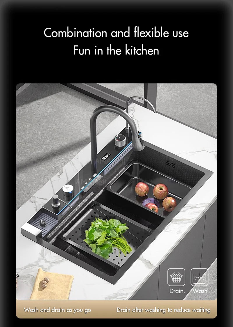 Fregadero de cocina de cascada de acero inoxidable